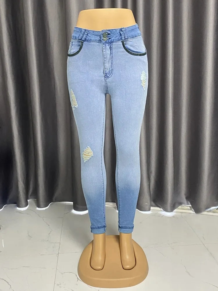 Albany Elastic Slimming, Hip-lifting High-waisted Gradient Casual Ripped Skinny Jeans