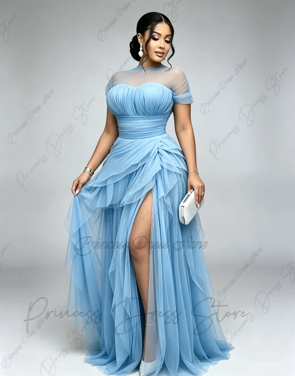 Bani Elegant Pleats Tulle Split Long Evening Gowns Birthday Party Dress