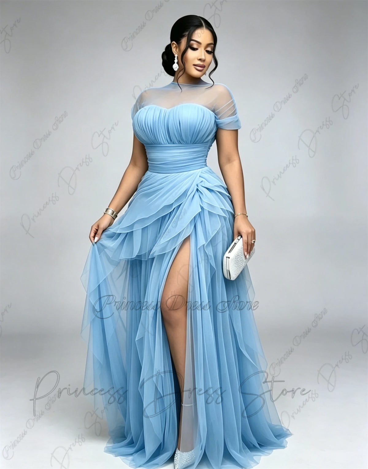 Bani Elegant Pleats Tulle Split Long Evening Gowns Birthday Party Dress
