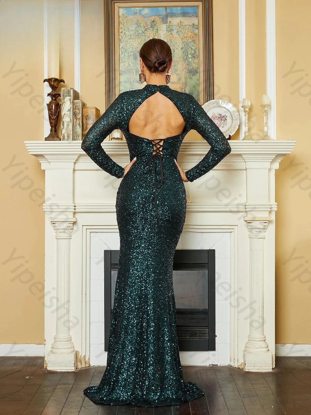 Allentown Emerald Green Sequin Full Sleeve Evening Gown Keyhole Mermaid Dress