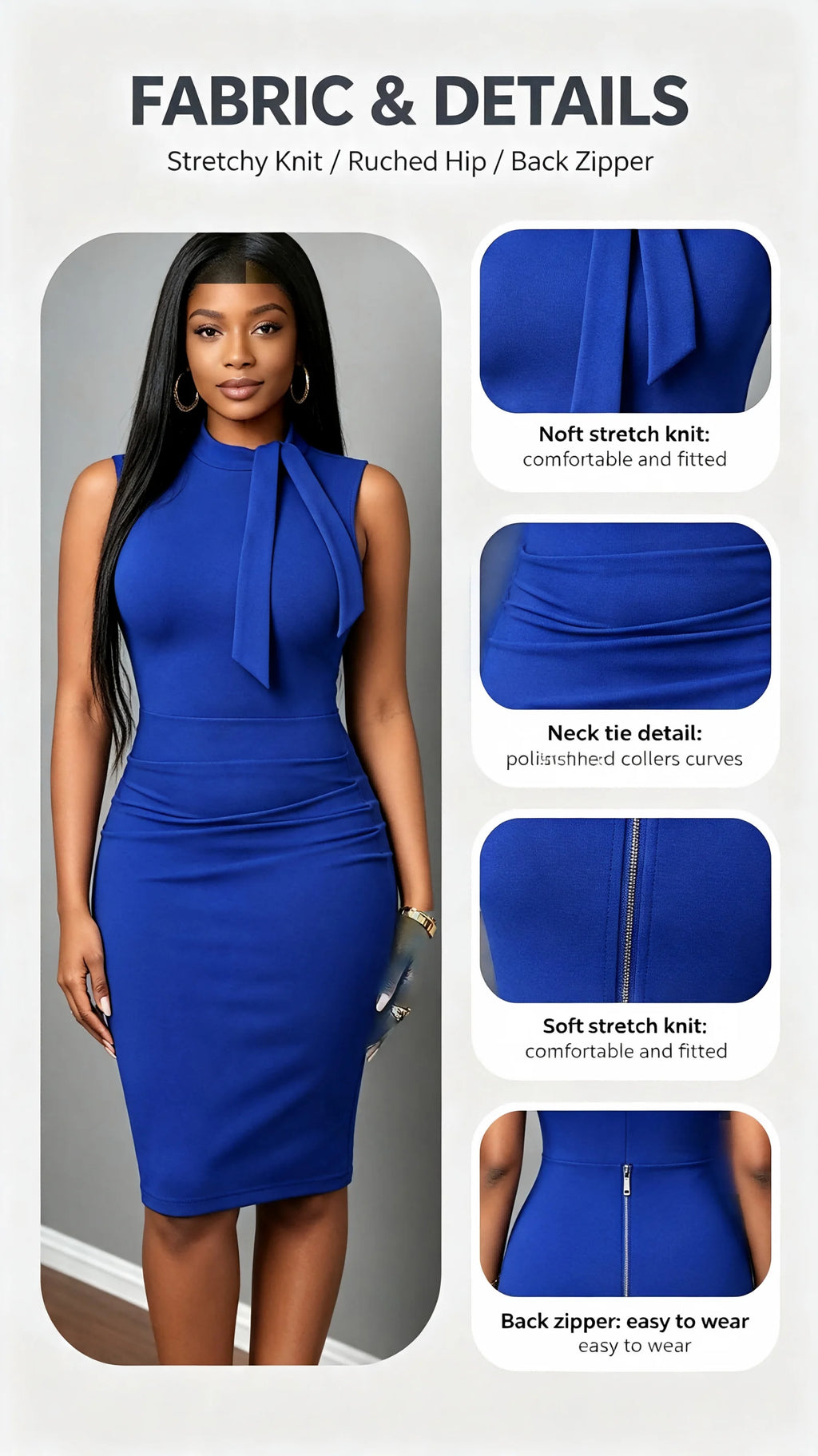Arizona Elegant Sleeveless Bodycon Stand Collar Neck Tie Ruched Waist Sheath Midi Dress