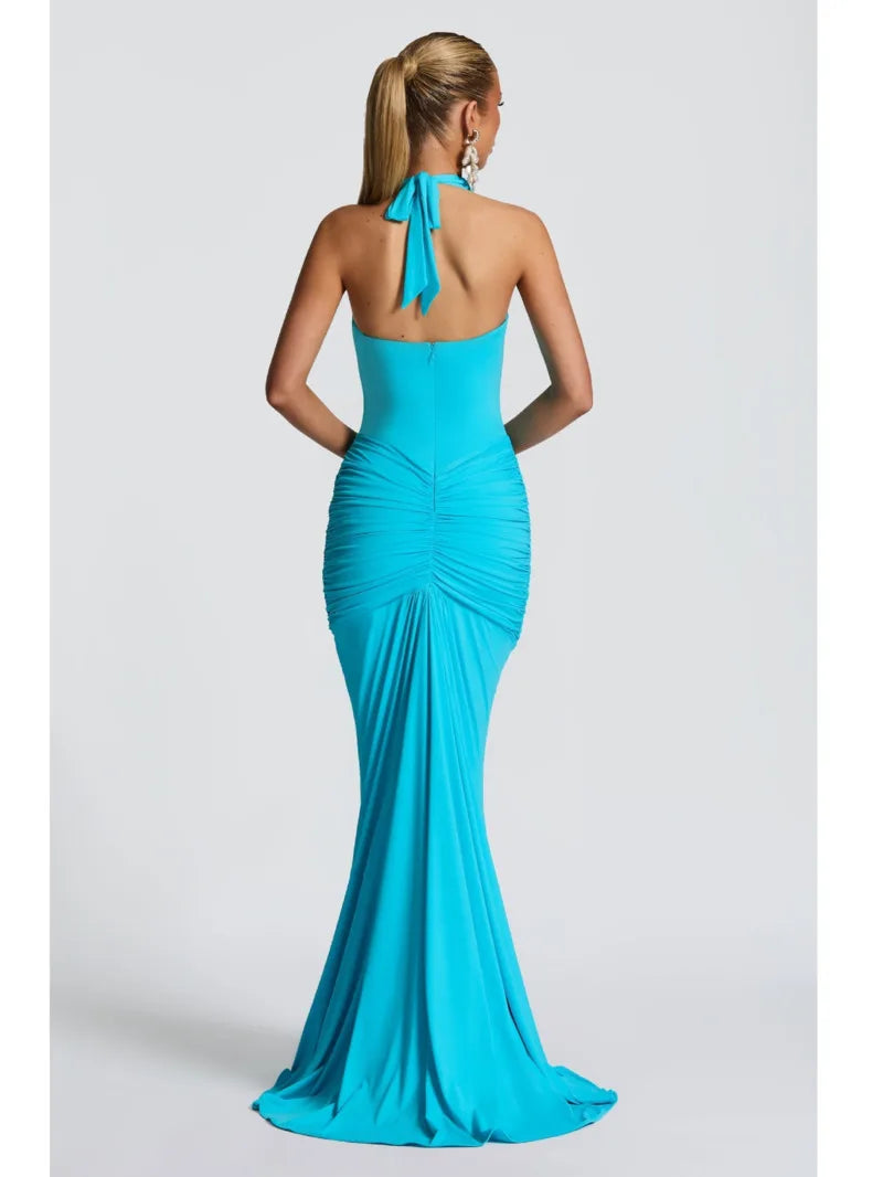 Deep V Neck Draped Ruched Sexy Halter Sleeveless Backless Club Party Long Dress