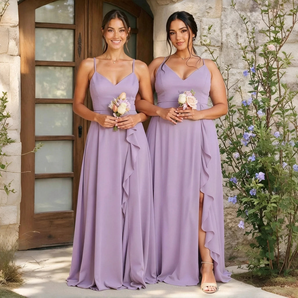 Alma Chiffon Bridesmaid Spaghetti Strap V Neck Cascading Ruffle High Side Slit A Line Dress