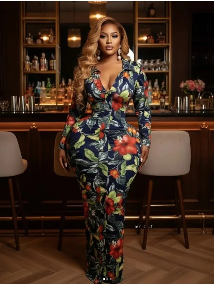 Full Sleeve Floral Print Bodycon Elegant Long Dress