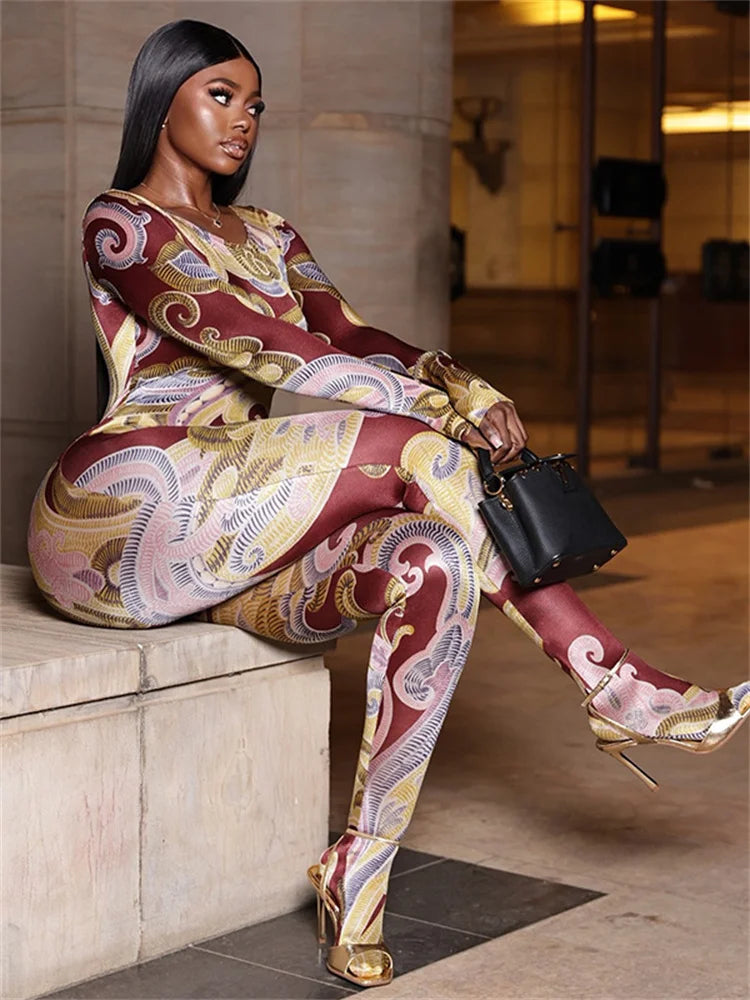 China Town Fashion Art Colorful Print o-Neck Full Sleeve Skinny Peach Jumpsuit