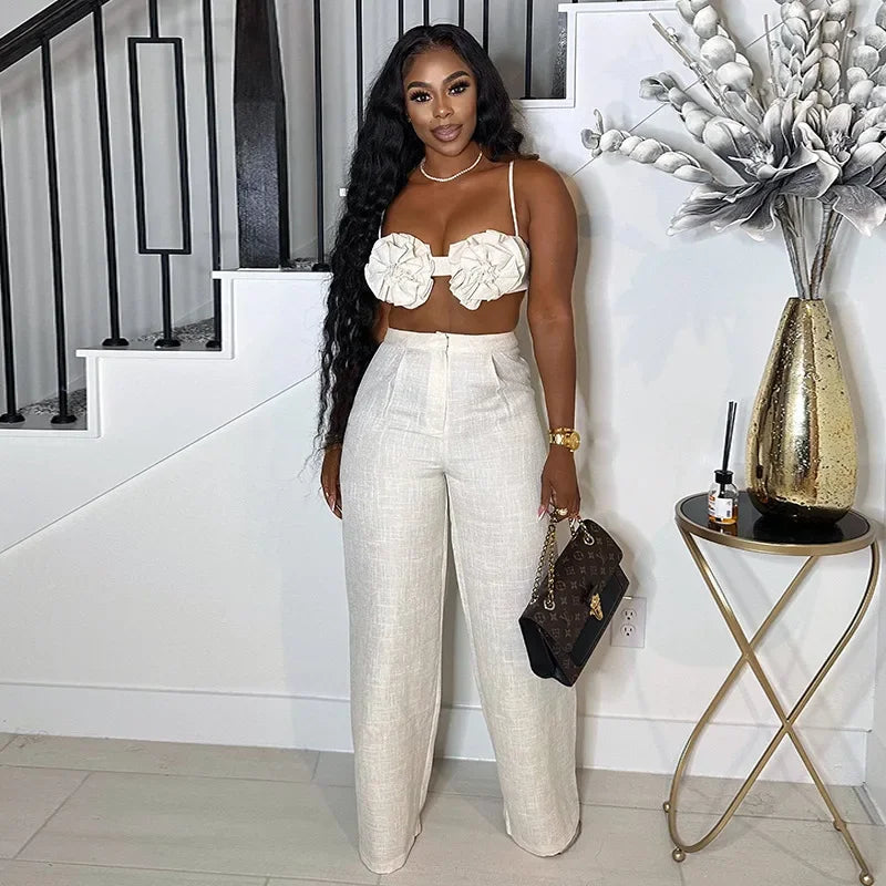 Amalia Flower Crop Wide Leg Elegant Two Piece Sets