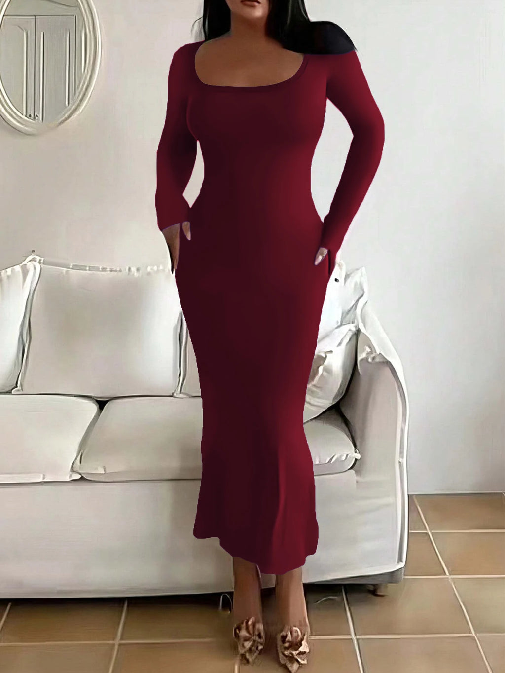 Indianna Plus Size Long Slim Fit with Square Neck Long Sleeves Extra Lengthy Dress
