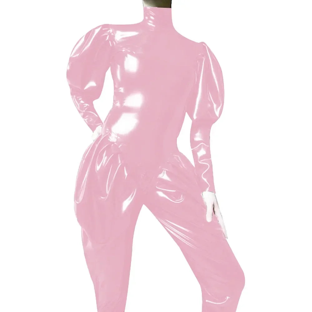 Sleeves Jumpsuit Sexy Zipper Open Crotch Catsuit Party High Neck Wetlook Rompers Female