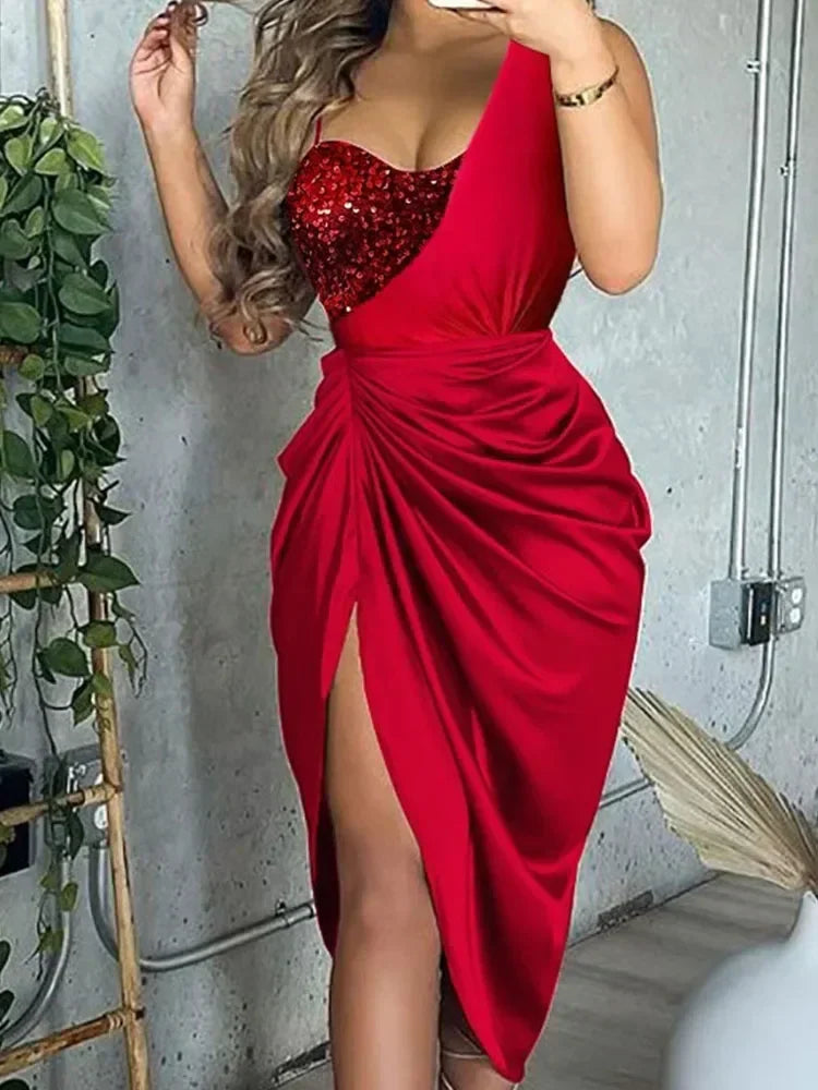 Farmingville One Shoulder Irregular Office Lady Smocked Slit Fashion Sequin Dress