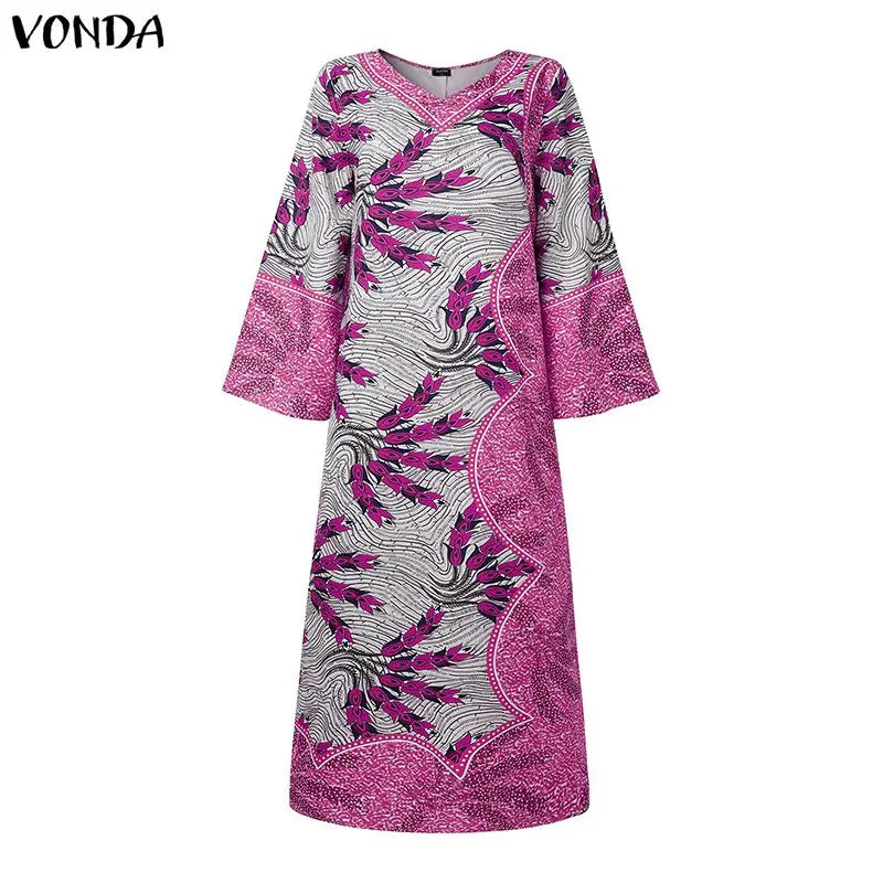 Samba Plus Size Bohemian Long V Neck Sleeve Printed Maxi Dress