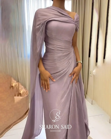 Mountainside Elegant One Shoulder Evening with Draped Cape Arabic Dress