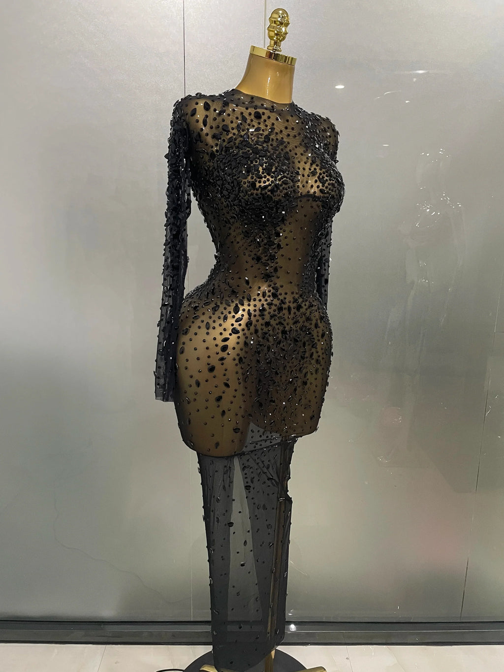 Cumberland Shinny Rhinestone Stretch Mesh Transparent Long Dress