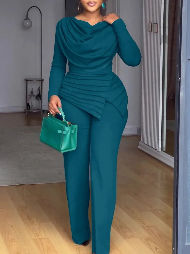 Birmingham Swing Collar Ruched Jumpsuit Long Sleeve Solid Elegant Color