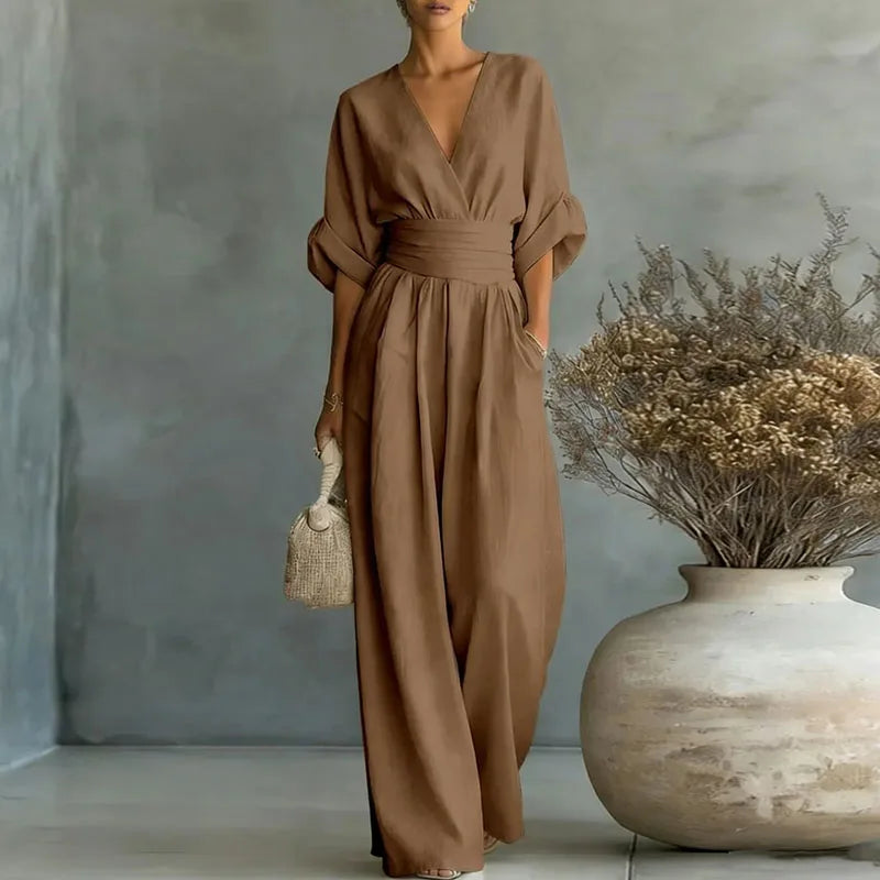 Women's Jumpsuit Fashion High Waist V-neck Casual Jumpsuits Sexy Solid Color Office Wide Leg Trousers Overalls Linen Chic