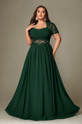 Paterson Plus Size A Line Lace Short Sleeved Formal Evening Gown Sheer High-Waisted Maxi Dress