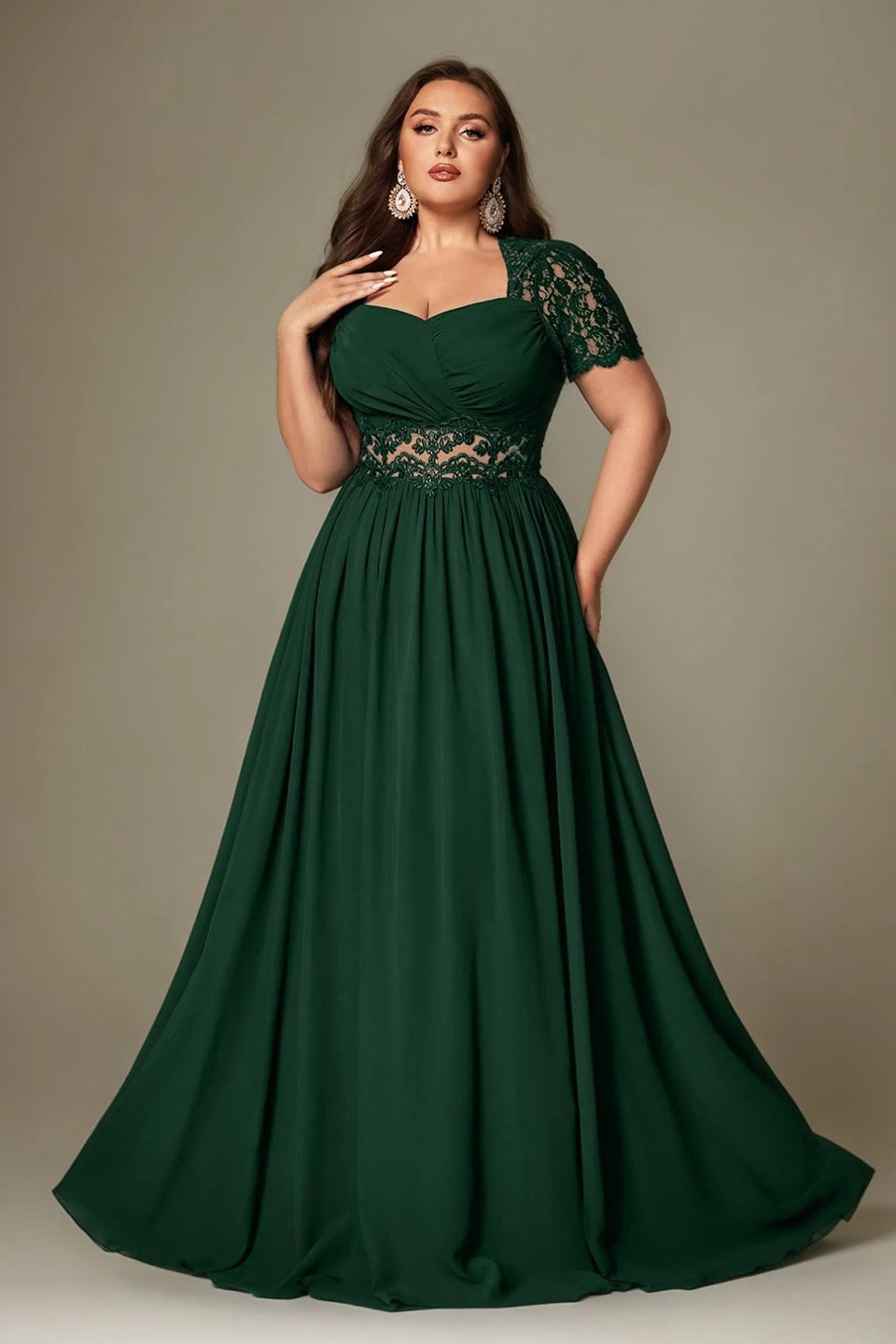Paterson Plus Size A Line Lace Short Sleeved Formal Evening Gown Sheer High-Waisted Maxi Dress