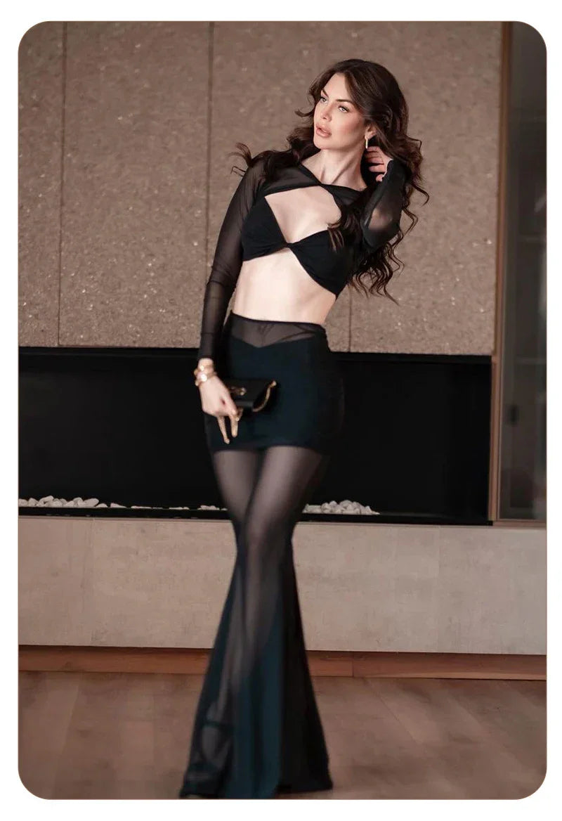 Williamsburg Mesh Fashion Street Wear Hollow Out Design Crop Set
