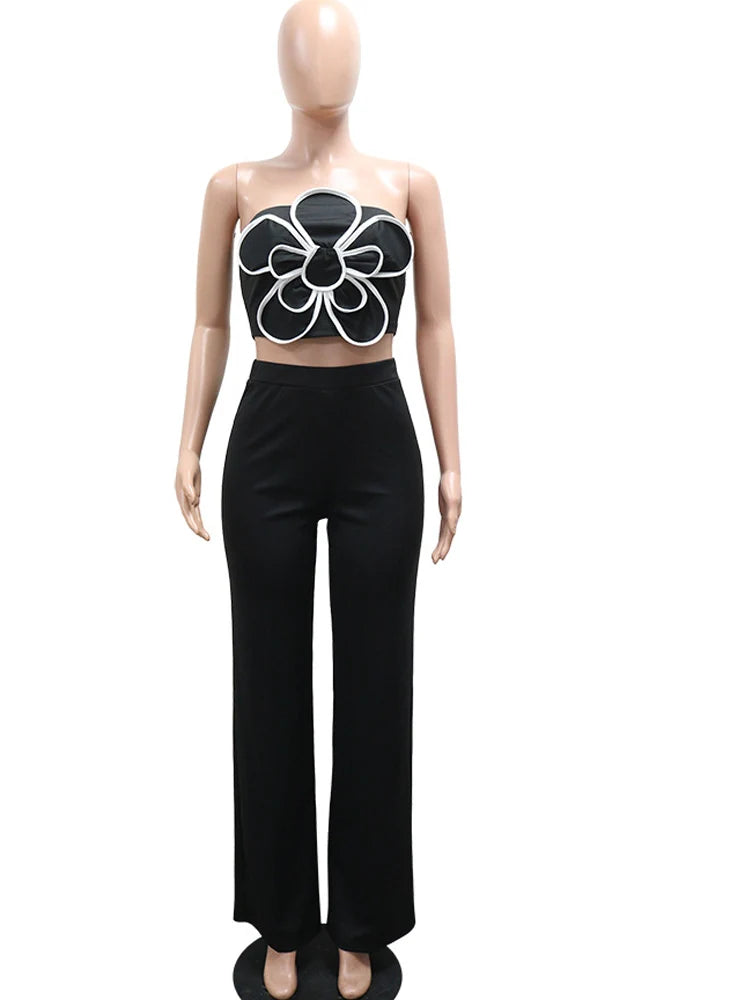 Olga Elegant Strapless Flower Two Piece Sets