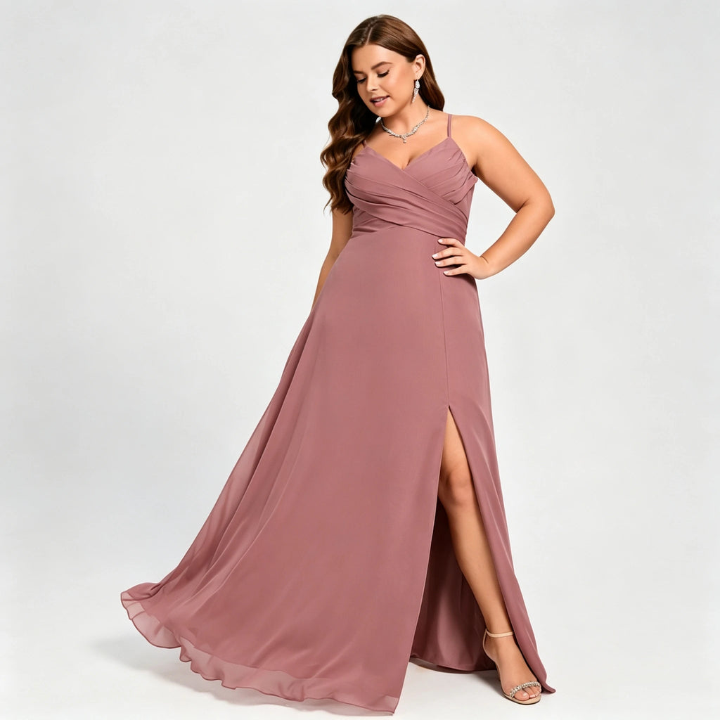 Lawrence Plus Size Chiffon Bridesmaid Dress Dusty Rose Crisscross Back Slit Formal Gown