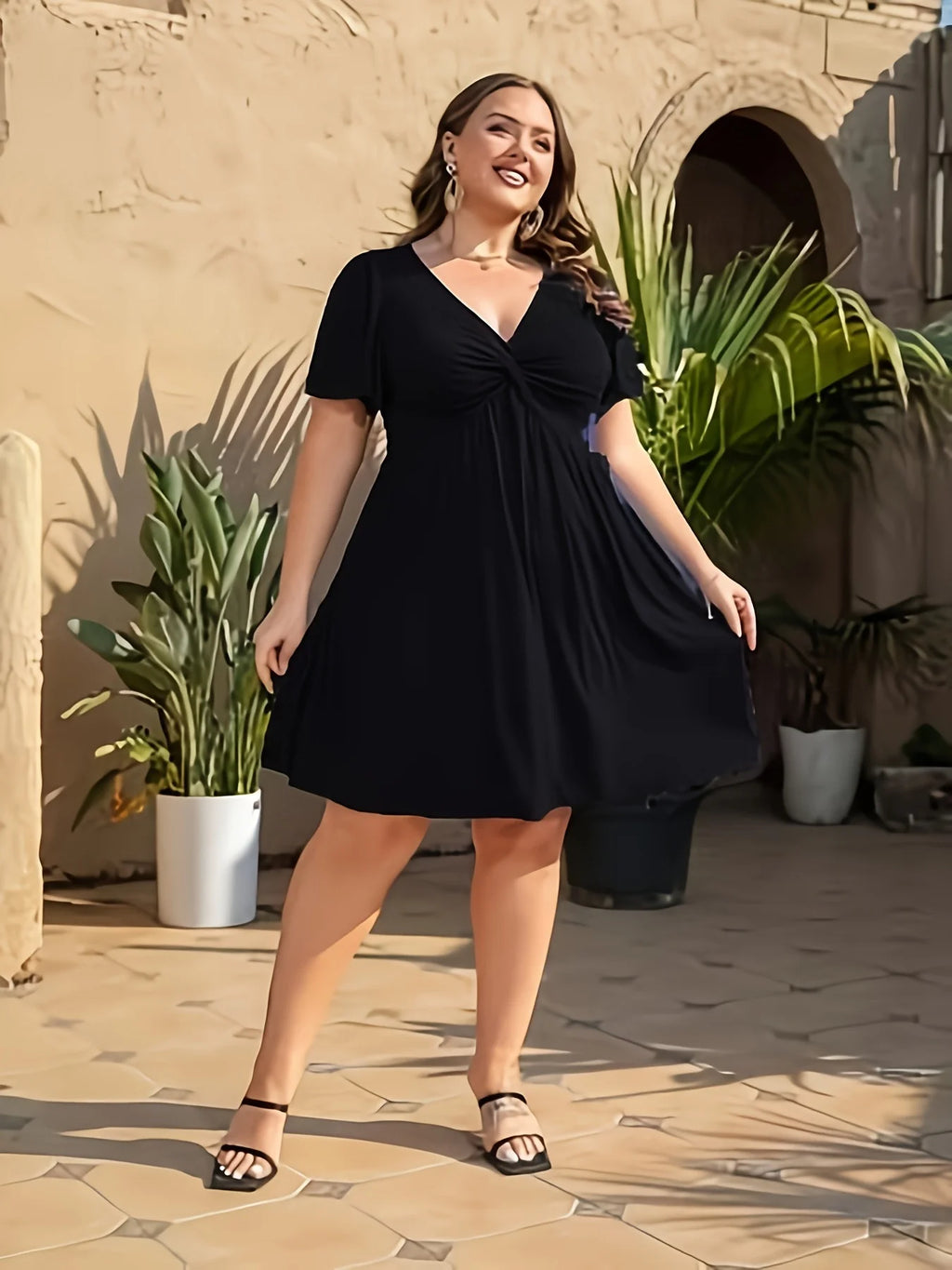 Boca Raton Plus Size Casual Deep V Neck Twisted Bust Mini Dress