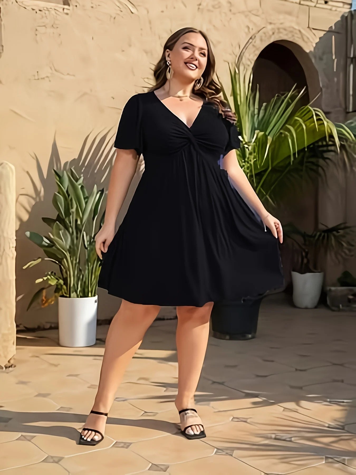 Boca Raton Plus Size Casual Deep V Neck Twisted Bust Mini Dress