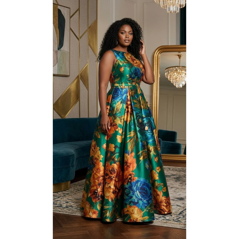 Pelicon Plus Size Floral Print Round Neck Sleeveless A Line Flared Formal Maxi Dress