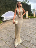 Amagansett Stacked V Neck Sleeveless Backless Lace-up Knit Beach Maxi Dress