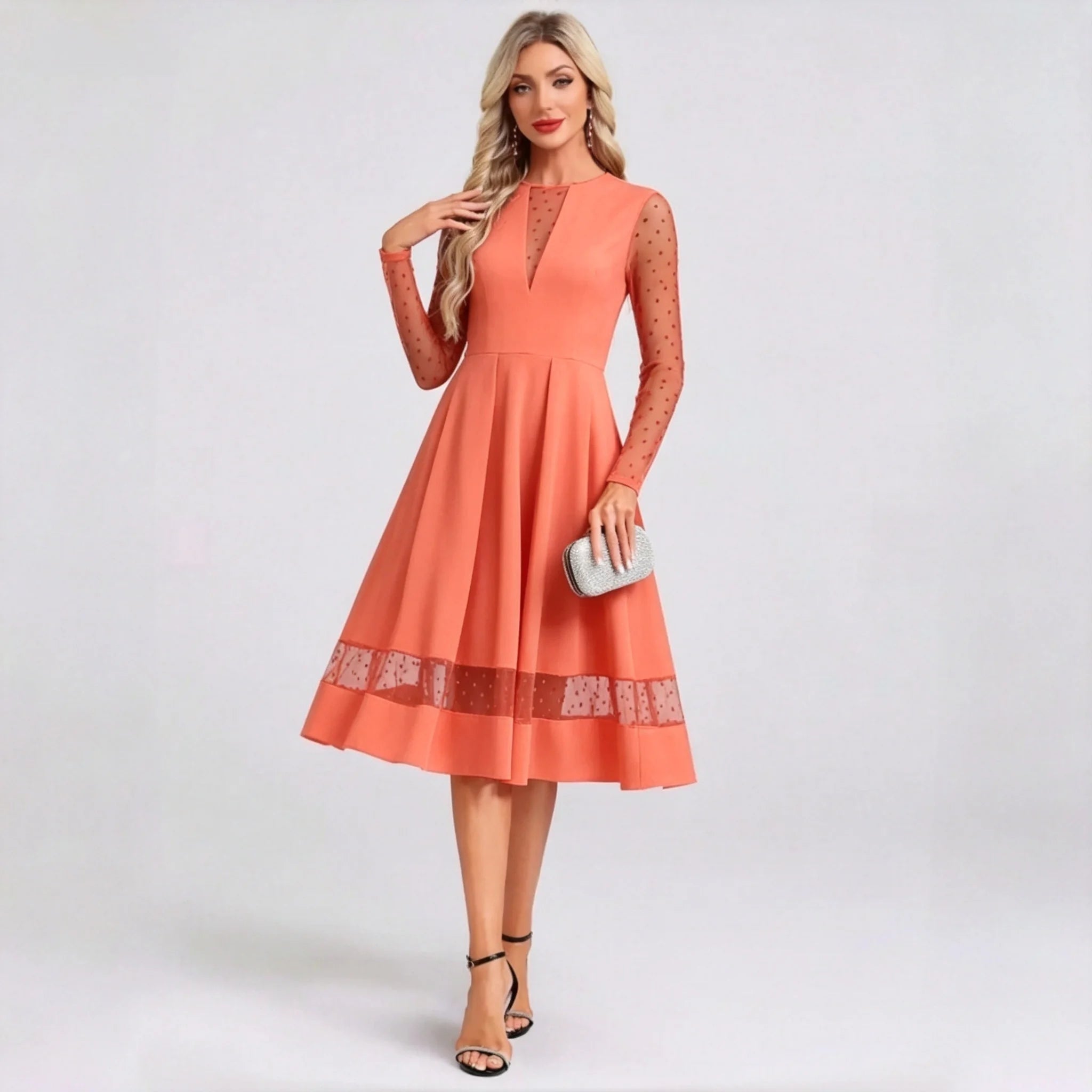 Benice Black Midi Cocktail Polka Dot Mesh Long Sleeve Illusion A‑Line Swing Dress