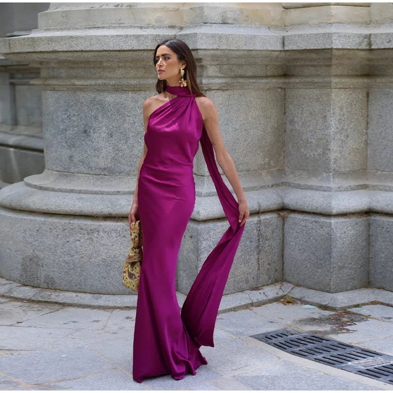 Califon Sexy Satin Ribbon Party Elegant Halter Backless Off Shoulder Sleeveless Maxi Dress