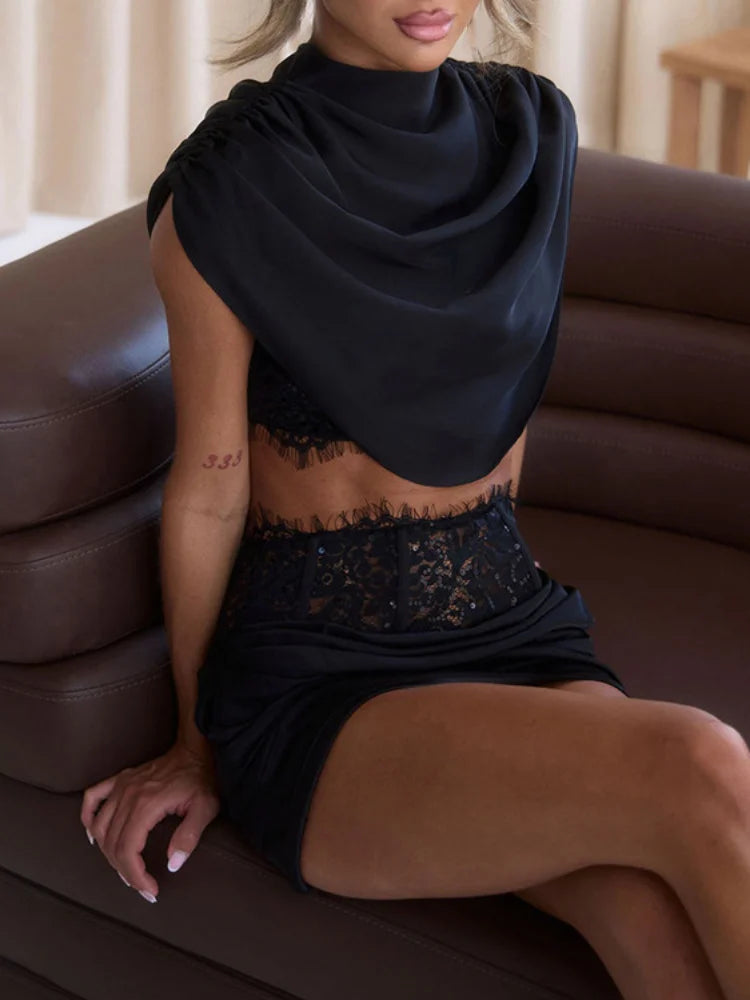 Wanda Mock Neck Lace Lined Ruched Two Piece Sets