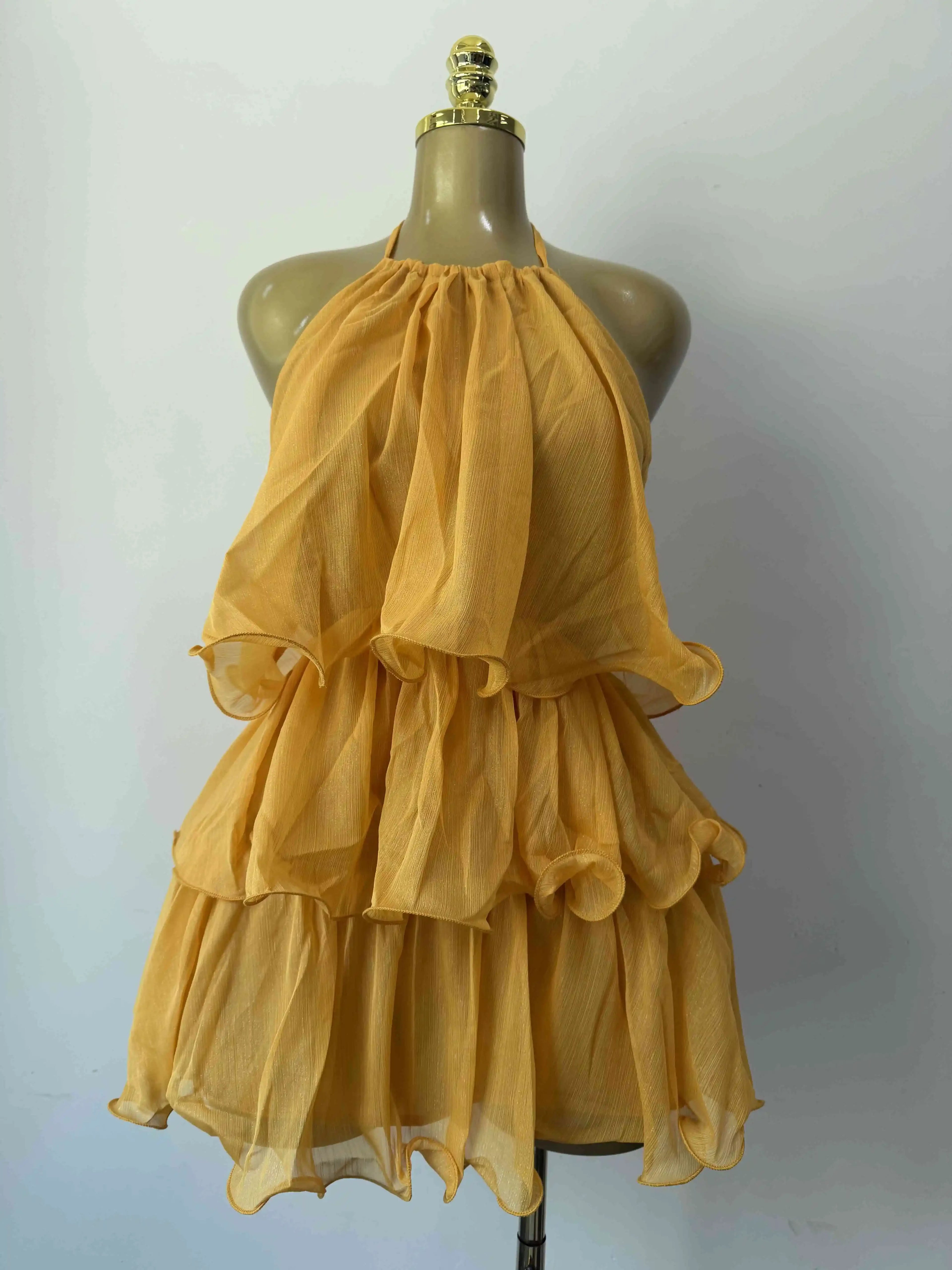 Constable Hook Backless Yellow Holiday Halter  Ruffles Tiered Mini Beach Dress