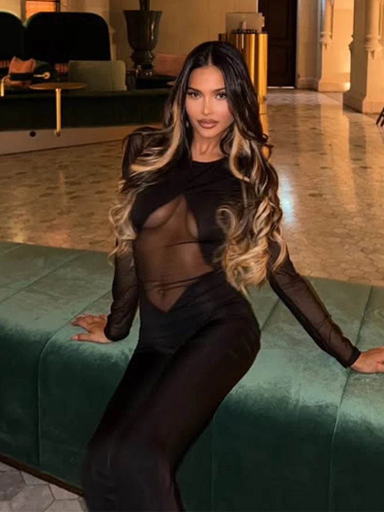 Ridgewood Streetwear Mesh Patchwork Jumpsuits Regular Long Sleeves