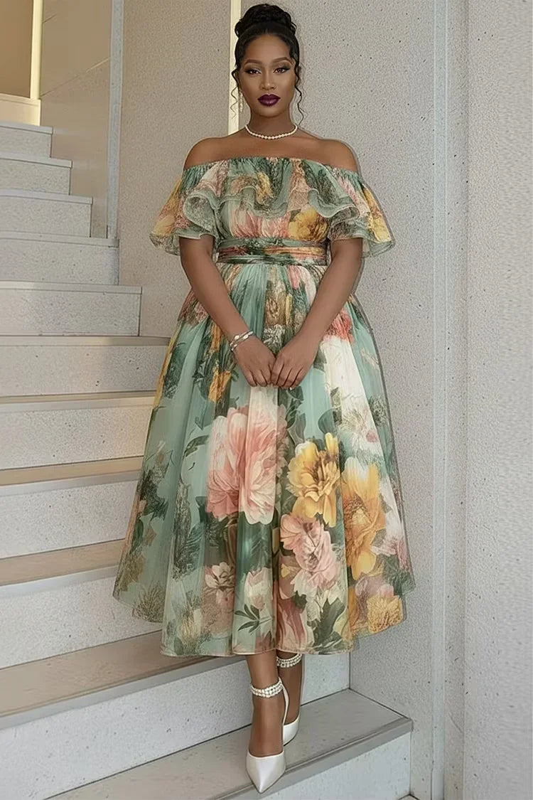 Texas Plus Size Green Floral Off Shoulder Ruffle Chiffon Midi Dress