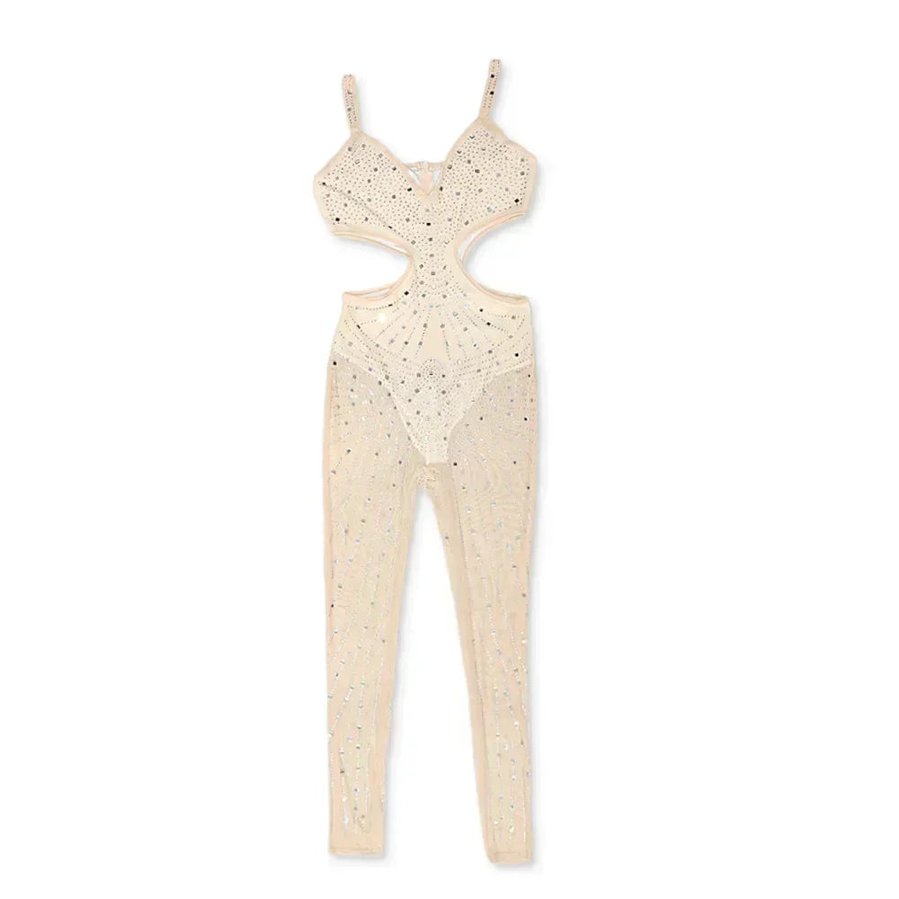 Gramercy Park Fashion Sexy Mesh Perspective Hot Drill Sleeveless Halter Jumpsuit
