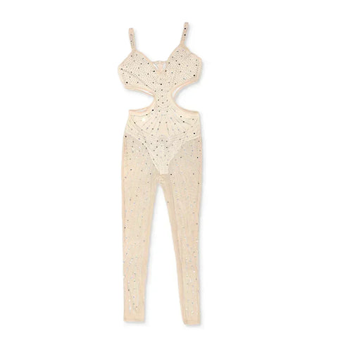 Gramercy Park Fashion Sexy Mesh Perspective Hot Drill Sleeveless Halter Jumpsuit