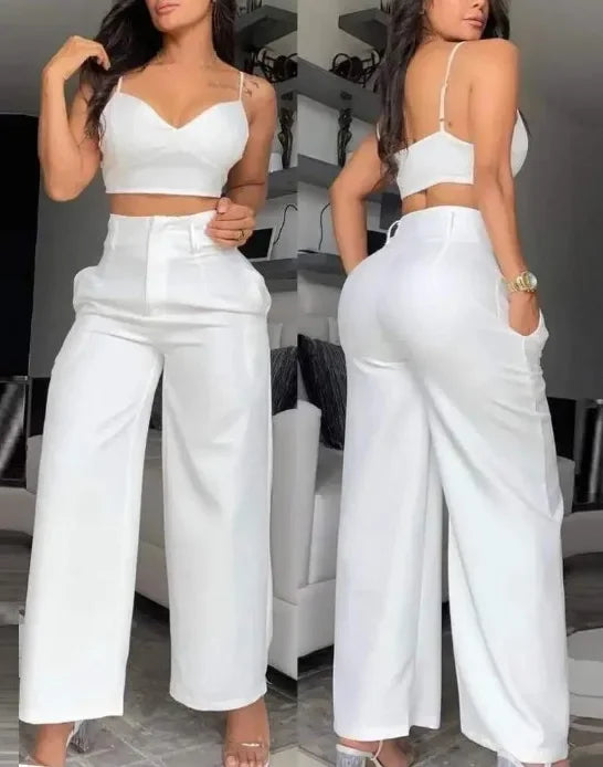 Spaghetti Strap V-Neck Crop Top & Wide Leg Pants Set