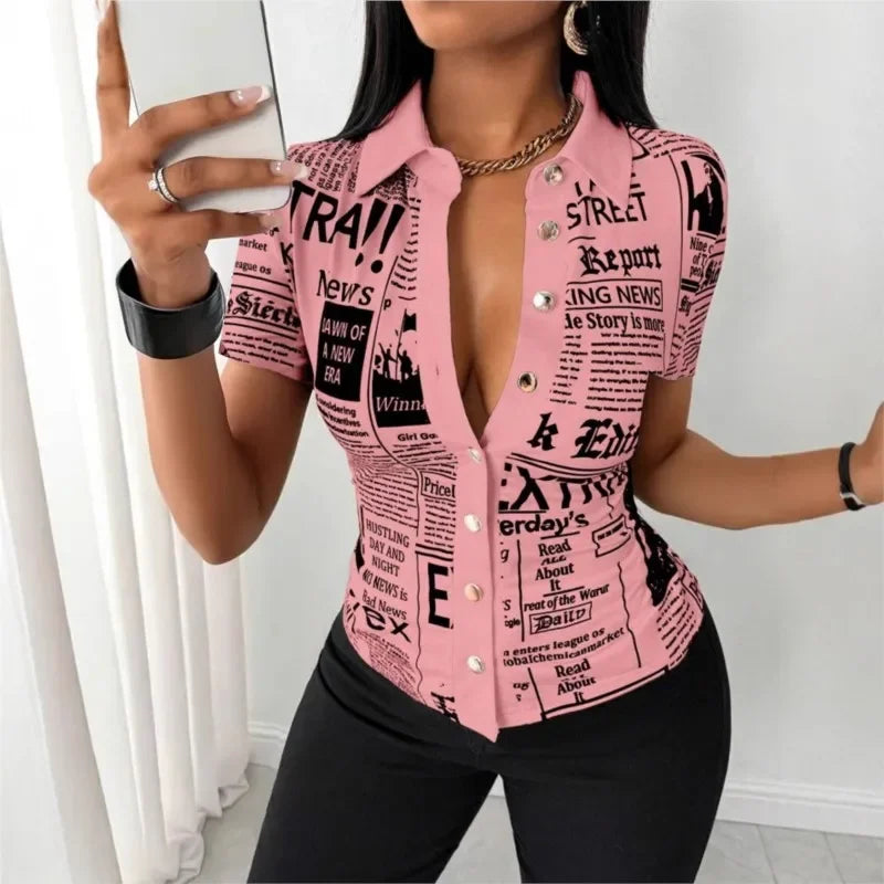 Pluto Elegant Fashion Newspaper Pattern Print Single Breasted Short Sleeve Tops