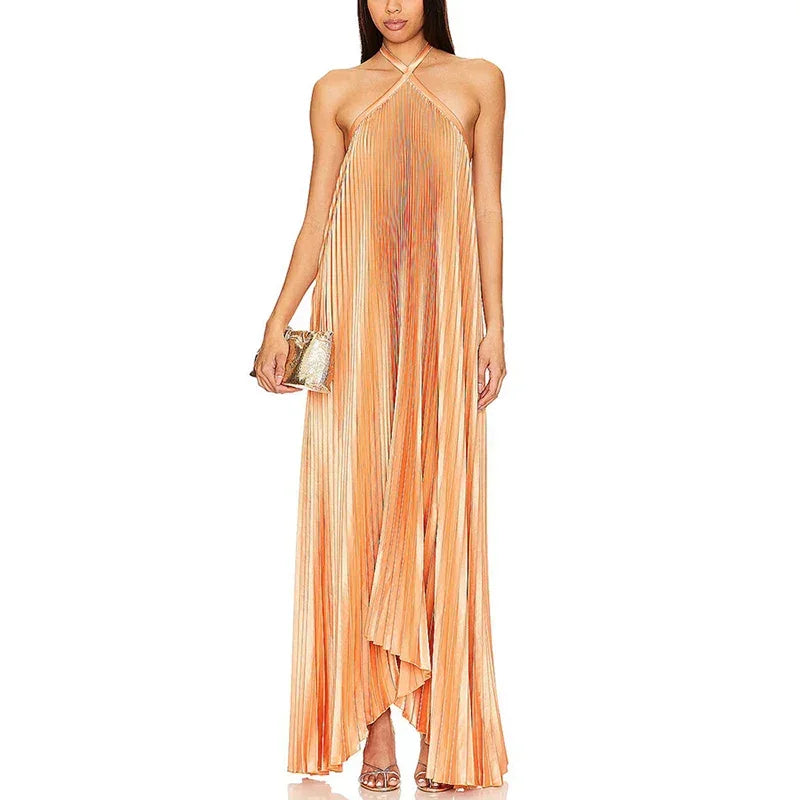 Abingdon Solid Color Sexy Halter Hollow Out Loose Evening Dress
