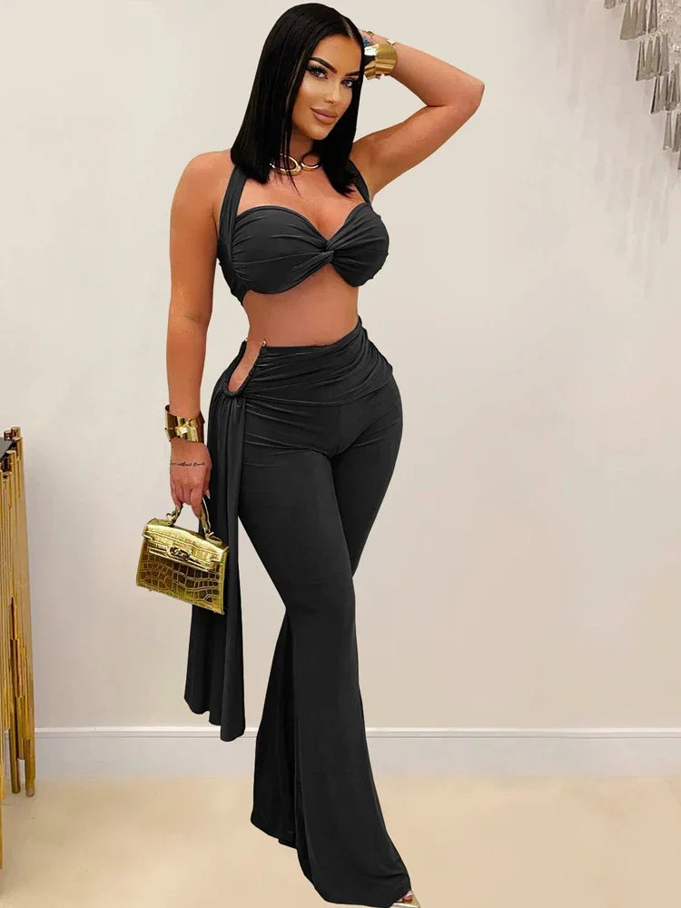 Oneonta Long Straps Wide Legs Ruched Metal Tracksuits Two Piece Set