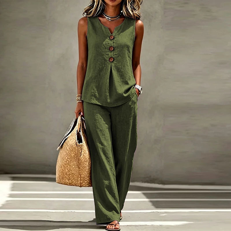Merida Summer Sleeveless V Neck Button Two Piece Sets
