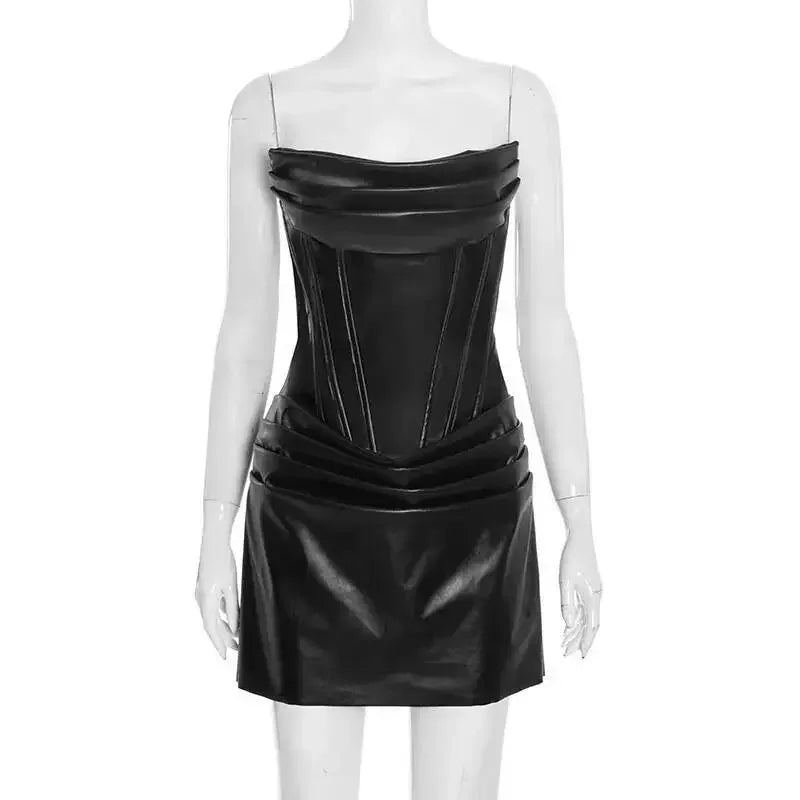 Ronkonkoma PU Pleated Sleeveless Strapless Pleated Party Dress