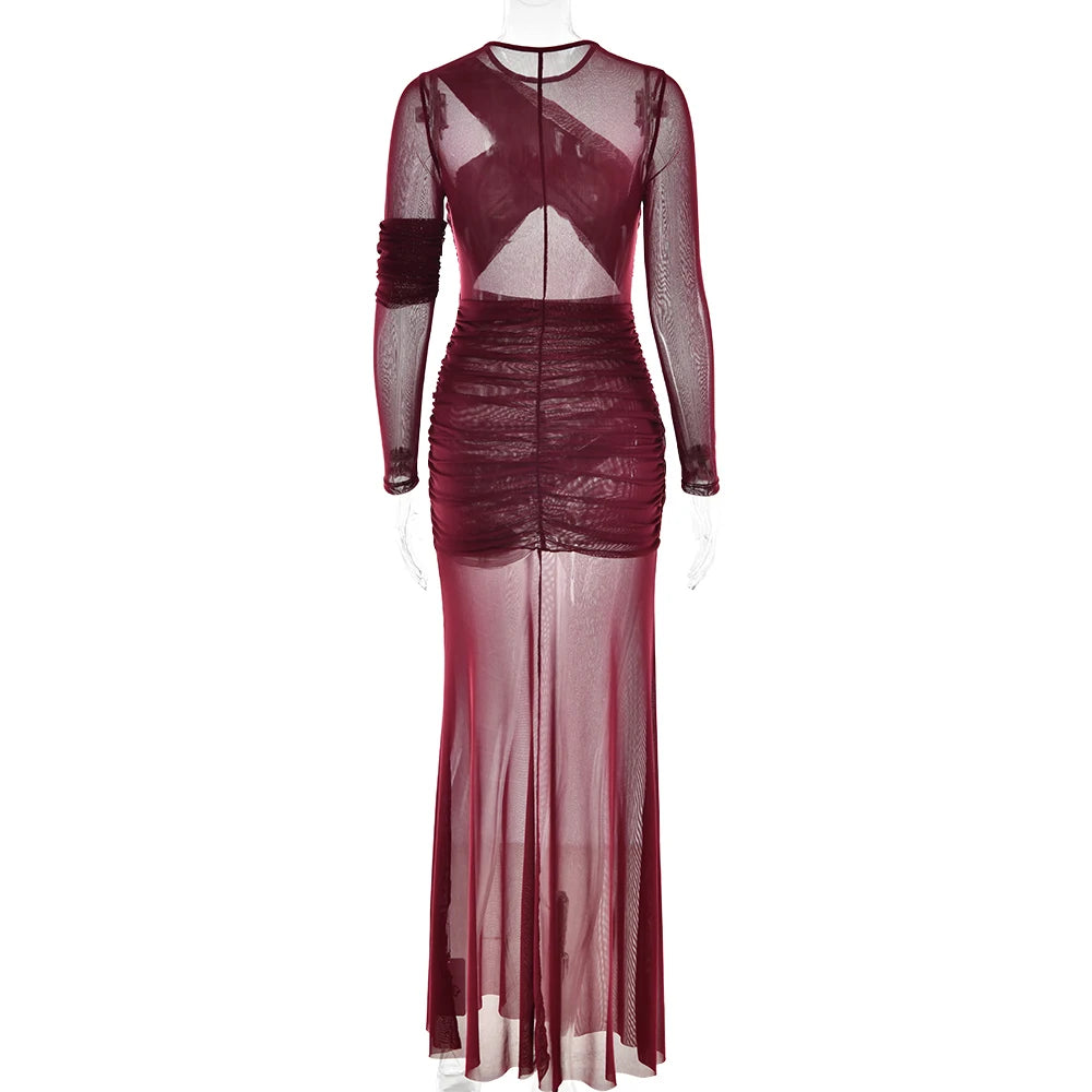 Kenilworth Mesh Patchwork Sheer Sexy Ruched Long Sleeve Bodycon Party Club Maxi Dress