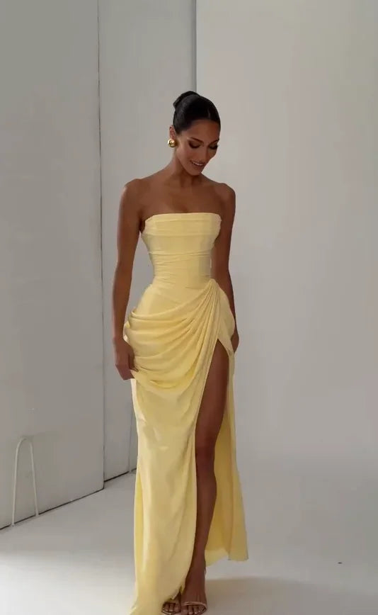 Tapansee Solid Sexy Pleated Strapless Off Shoulder Backless High Waist Split Maxi Dress