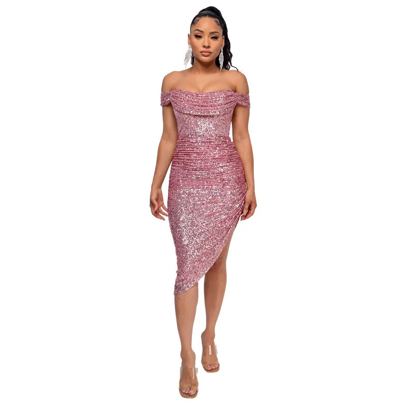 Virginia One Shoulder Bodycon Sparkly High Slit Midi Dresses