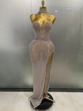 Frederick Full Rhinestones Mesh Transparent Long Elegant Dress