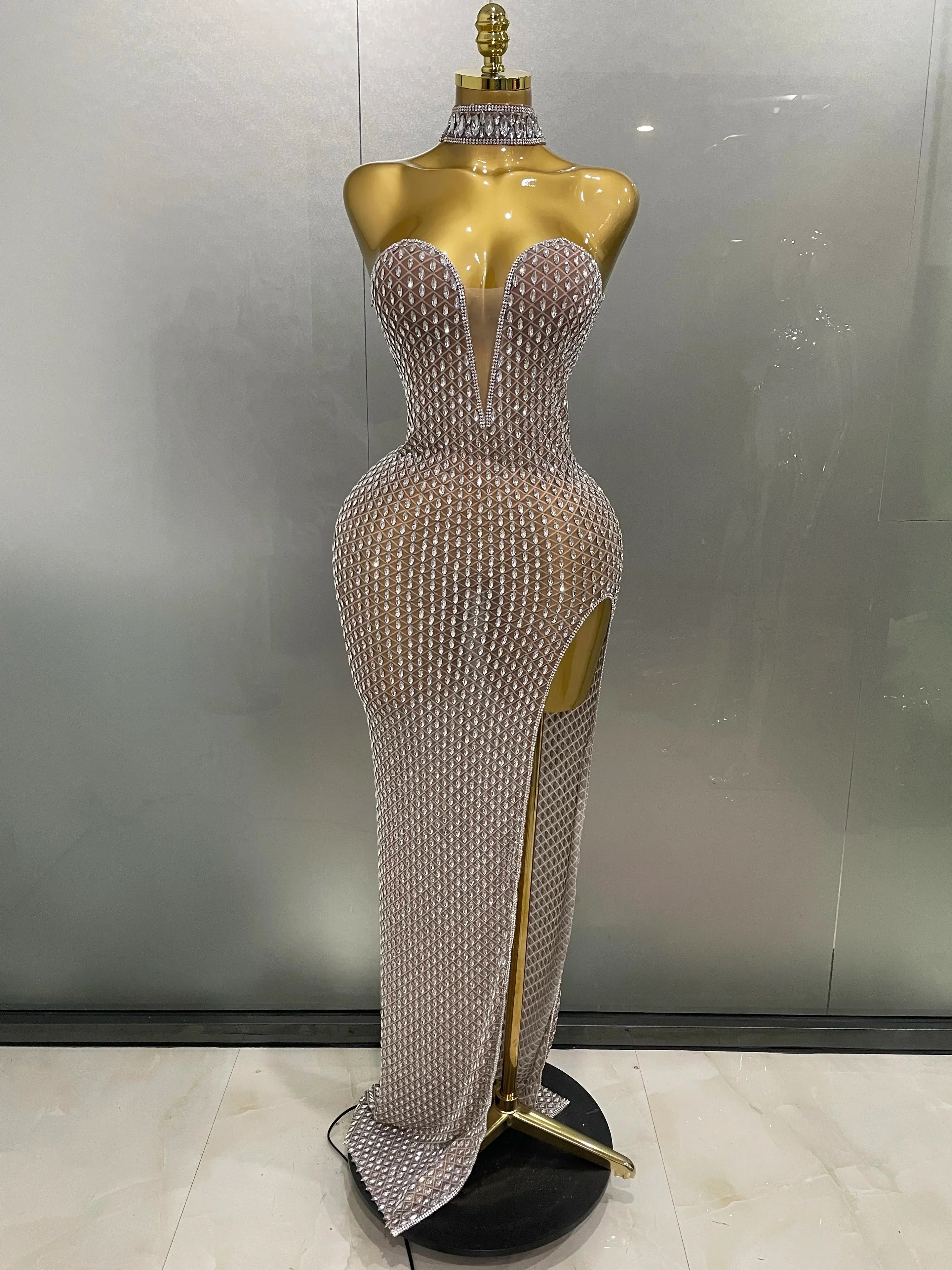 Frederick Full Rhinestones Mesh Transparent Long Elegant Dress