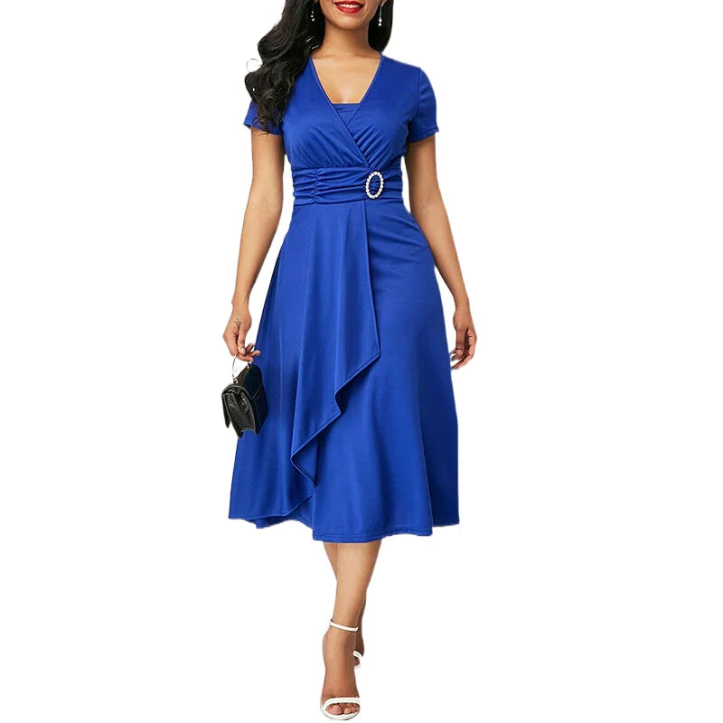 Seattle Solid Color Short Sleeve V Neck Asymmetric Hem Waist Midi Party Dress