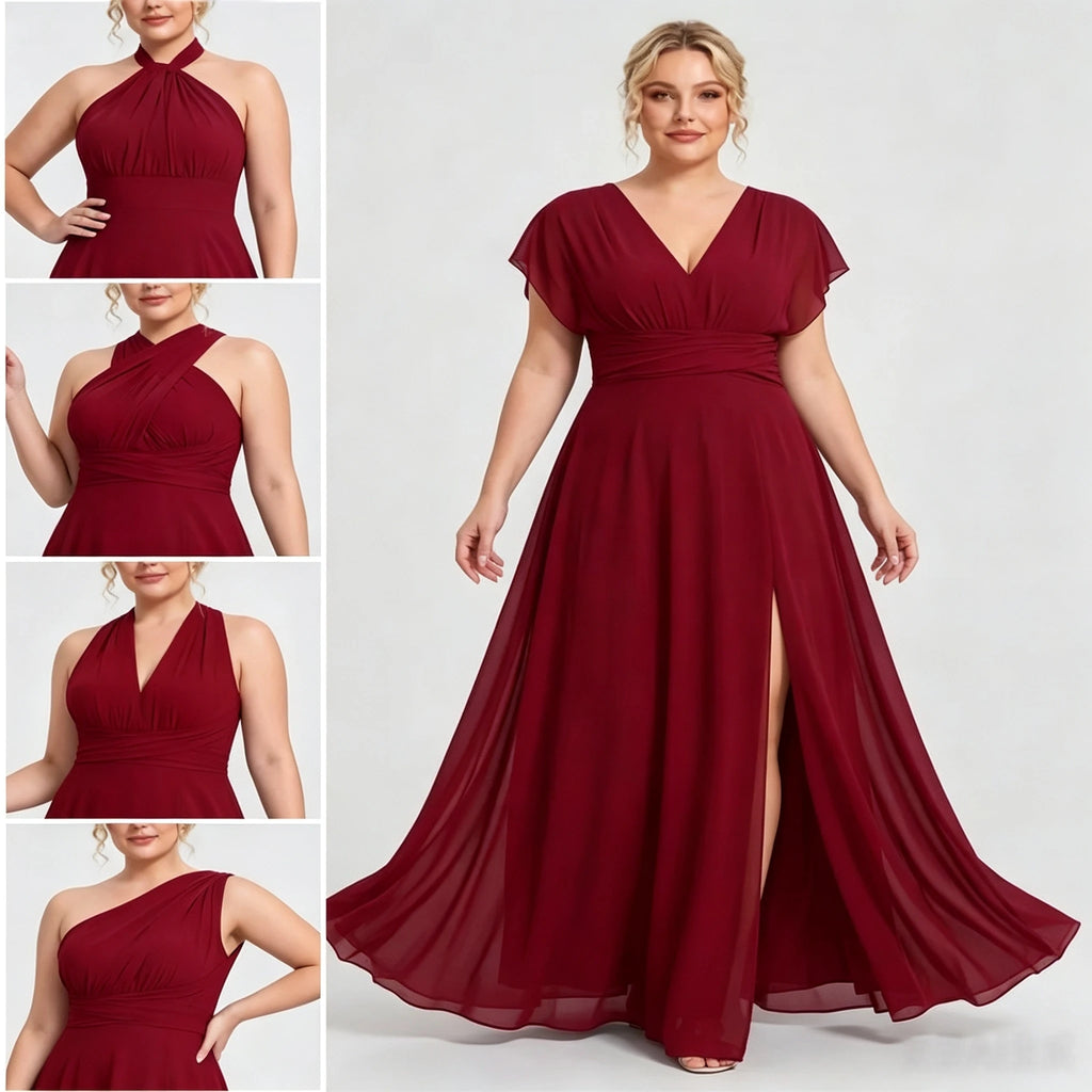 Montclair Multi Wrap Convertible Chiffon Long Bridesmaid Gown Front Split Dress