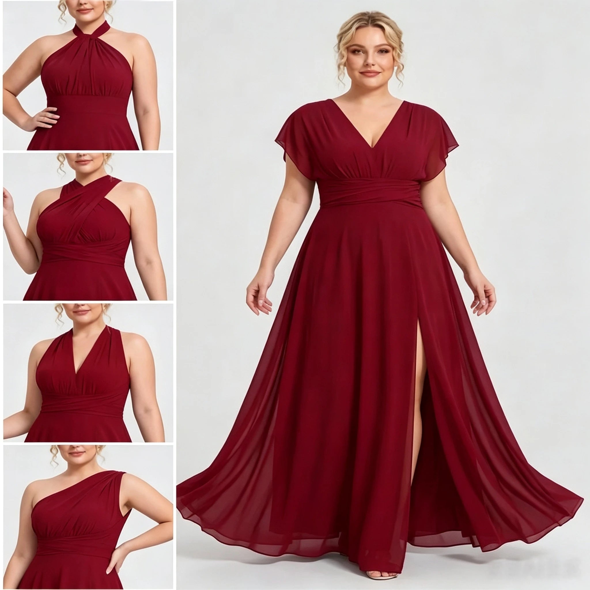 Montclair Multi Wrap Convertible Chiffon Long Bridesmaid Gown Front Split Dress