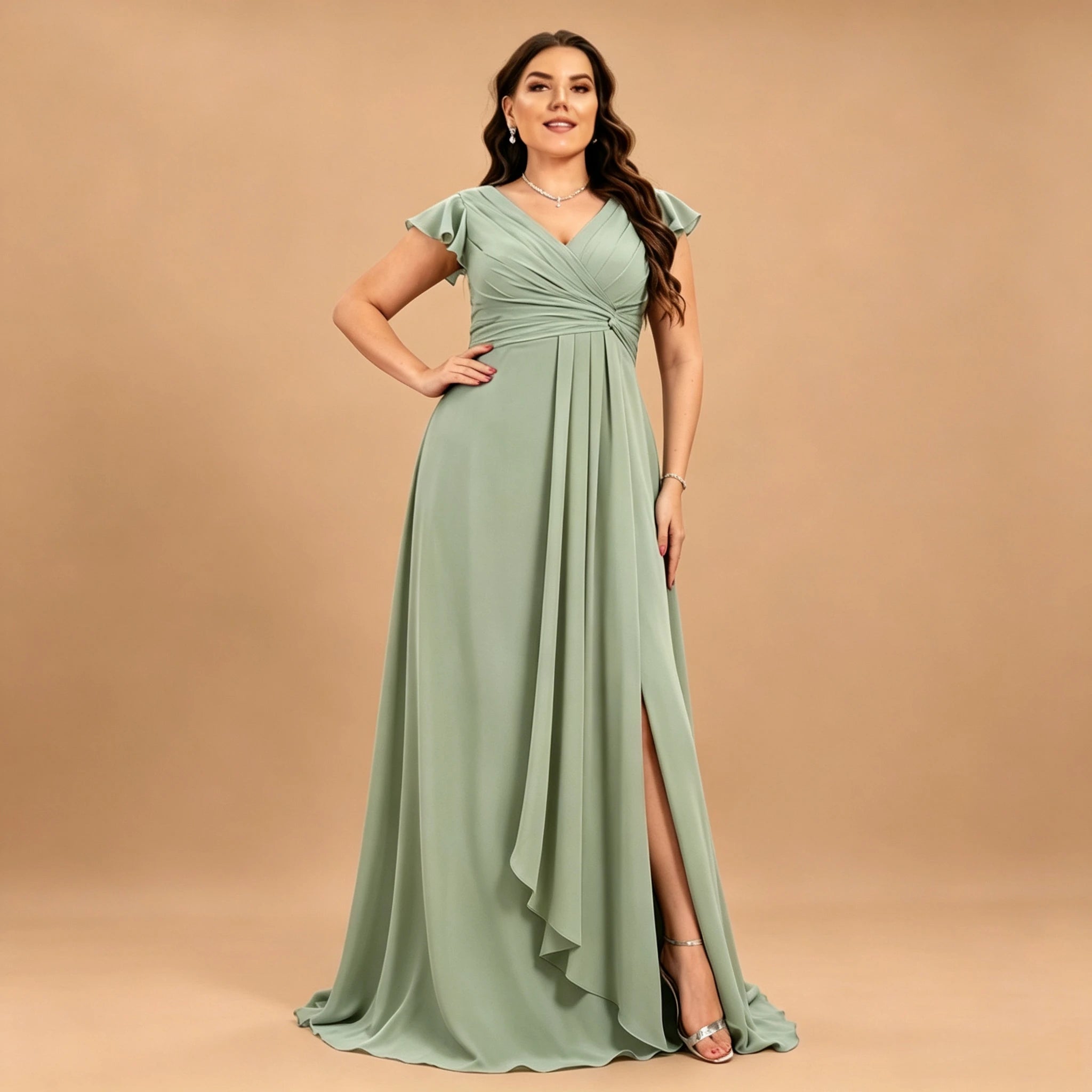 Long Island Plus Size Chiffon Evening Elegant V-Neck Ruffle Sleeve Formal Dress